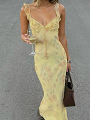 BXOXO Yellow Summer Print Camisole Dresses Slim Fit Elegant Fairycore Fashion Trendy Causal Holiday Style Clothes