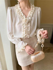 Bxoxo Elegant Wood Ear V Neck Shirt Women Korean Chic Rose Decoration Long Sleeve Tops Y2K Autumn Patchwork Office Lady Casual Blouse