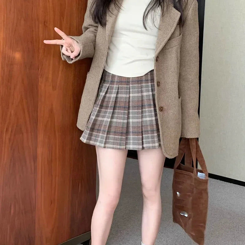 BXOXO Preppy Style Plaid Pleated Skirt Women Fall Winter High Waist Woolen Mini Skirt Japanese School Uniforms Kawaii Y2K Jk Skirts