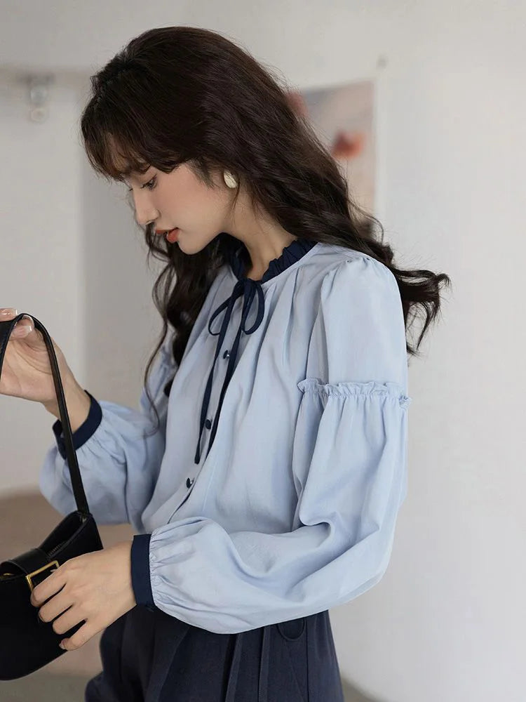Bxoxo Sweet Retro Blue Blouse Women Elegant Long Sleeve Japan Shirt Fall Loose Preppy Style Ruffles Lace Up Vintage Lady Tops New