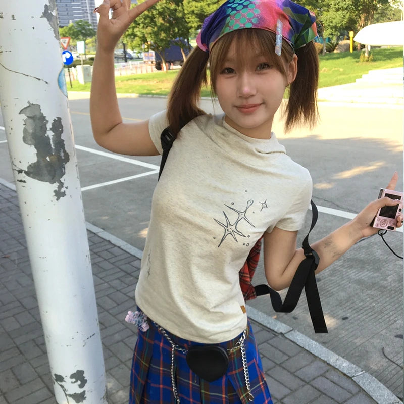 BXOXO Japanese Y2k Stand Collar T-shirt Trashy 2000s Style Short Sleeve Tee Shirt Vintage Harajuku Streetwear American Retro