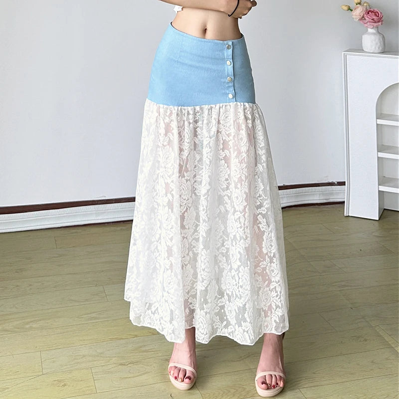 Bxoxo Fairycore Lace Stitching Skirt Chic Irregular Denim Patchwork Low Rise Long Skirts for Women Summer Streetwear y2k Skirts