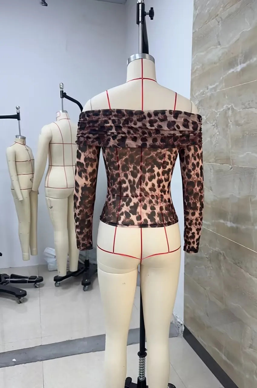 BXOXO Elegant Women’s Off Shoulder Mesh Tops See Through Long Sleeve Leopard Print Slim Fit T-Shirts Ruched Blouses Streetwear
