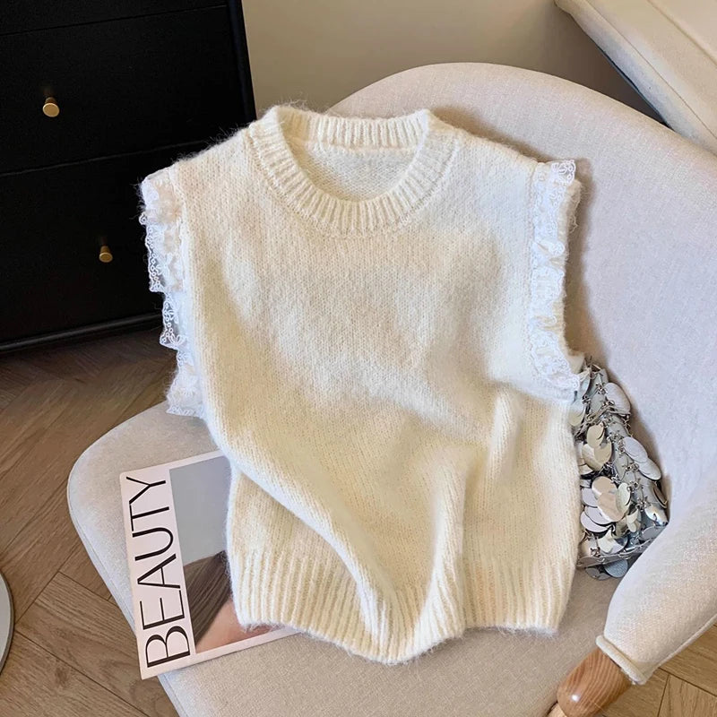 Bxoxo Lace Patchwork Sweet Sweater Vest Women Vintage O Neck Casual Knitted Tops Korean Preppy Style Lady Lazy Wing Cute Vest New