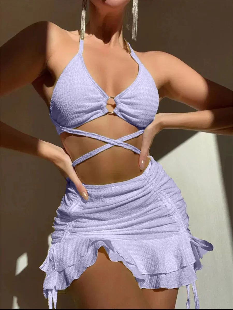 Bxoxo Sexy Yellow Bikini Women Solid Halter Ring Linked Criss Cross Cover Up 3 Piece Swimsuit 2024 Bathing Suit Ruffles Skirt Swimwear