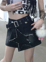 Bxoxo Vintage Star Y2K Denim Skirt Women High Waist Harajuku Belt Black Mini Skirt American Streetwear Retro Summer Gothic Skirt