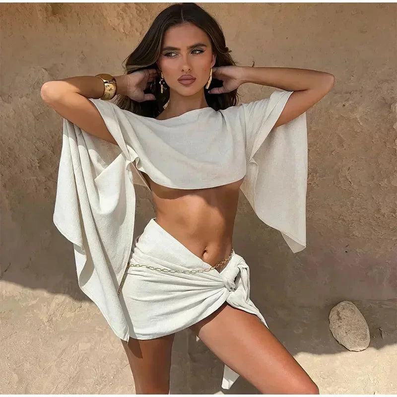 BXOXO Women Fashion Solid 2 Piece Set Summer Sexy Diagonal Neck Pagoda Sleeve Short Top Lace Up Skirt Set Casual Beach Vacation Outfit