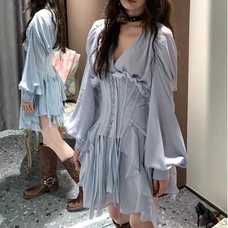 BXOXO Sweet Blue Mesh Slim Waist Cummerbund+ Y2k Grunge V-neck Long Sleeve A-line Dress for Women 2025 Spring New Two Piece Sets