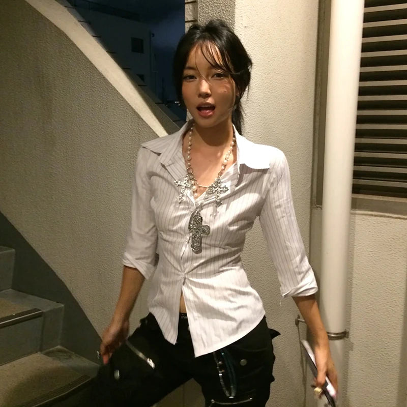 BXOXO Korean Style Casual Shirt Women Three Quarter Striped Shirts 2000s Japanese Y2k Vintage Tops Slim Retro Shirts Summer