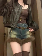 BXOXO American Vintage Loose Blue Denim Shorts 2025 Autumn New High Waist Jeans Y2k Grunge Straight A-line Fluffy  Women