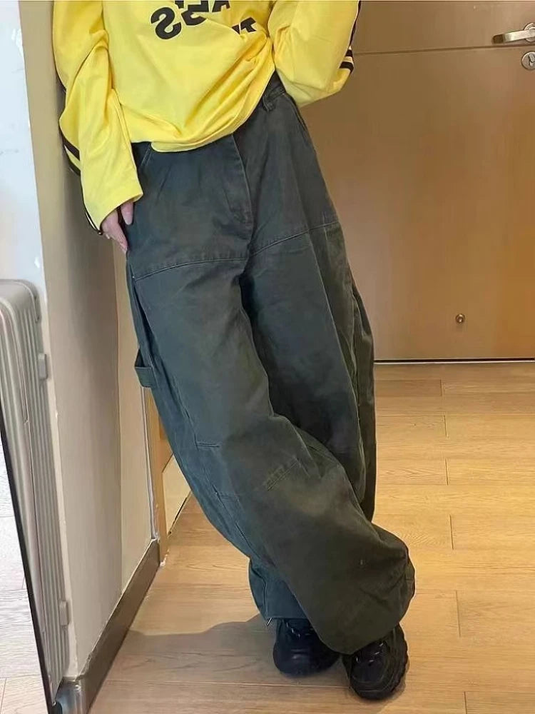 Bxoxo Vintage Washed Women Cargo Jeans Harajuku Wide Leg American 2000s Style Denim Pants Baggy Trousers Casual Streetwear