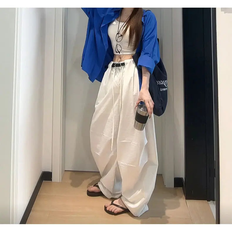 Bxoxo White Basic High Waist Wide Leg Women Pants Solid Color Korean Fashion Parachute Trousers Baggy Lace Up Youthful Summer