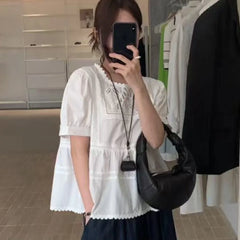 Bxoxo Sweet Korean Sle Lace irt Women's Faion Slimming Loose Bubble Sve Hollow out d Top Commute Sle round Ne or...