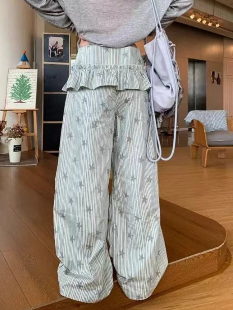 Bxoxo Stars Print Y2K Cargo Pant Women Vintage Streetwear Loose High Waist Design Trousers Hip Hop Retro American Casual Wide Leg Pant
