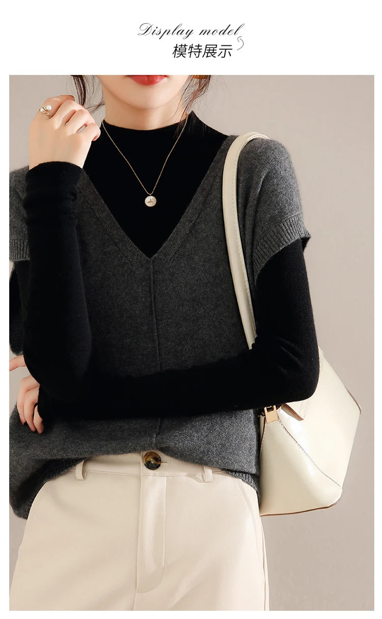 Bxoxo Cashmere Vest Ladies New 100%Pure Wool Knit Waistcoat Spring V-Neck Large Size Sweater Wild Sleeveless Vest Solid Loose Top