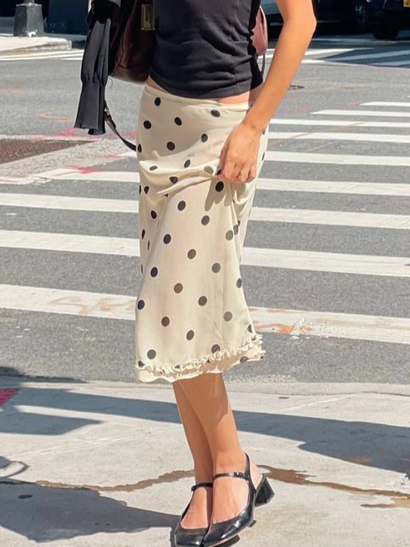 Bxoxo Elegant England Style Dot Print Women Mid-Length Skirt  Edible Free Fungus Simple High Fashion Women Long Skirt