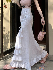 BXOXO Print Vintage Long Skirt Women Casual Ruffles England Sweet Trumpet Skirts Retro Lace Up Elegant Female Design Long Skirt