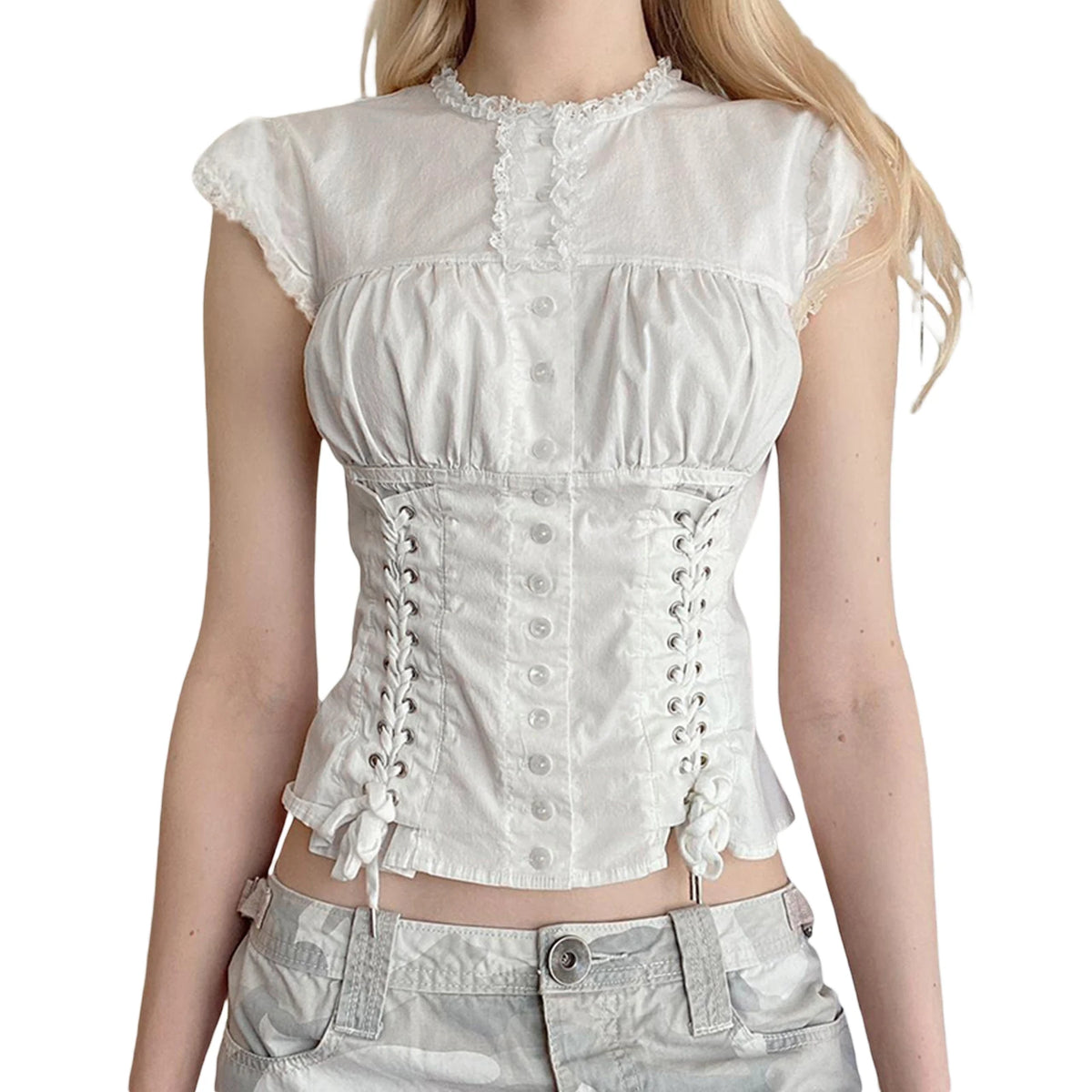 BXOXO Women's Button Down T-Shirts Cap Sleeve Crew Neck Cross Tie-up Front Lace Trim Tops