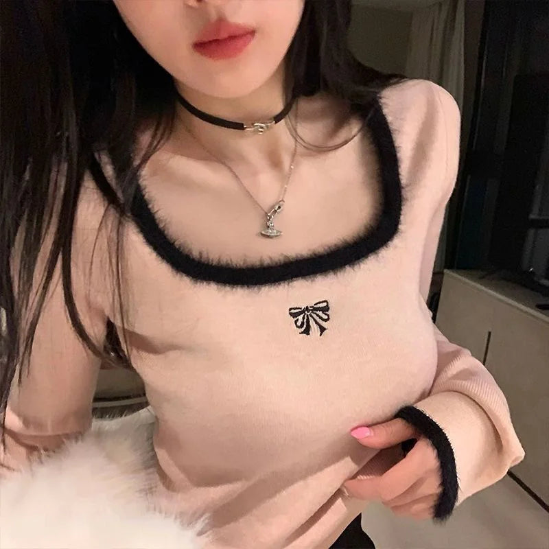 Bxoxo Women Butterfly Embroidered T-shirts Square Neck  Long Sleeve Patchwork Y2K T-Shirts Casual Tees Women Autumn Winter