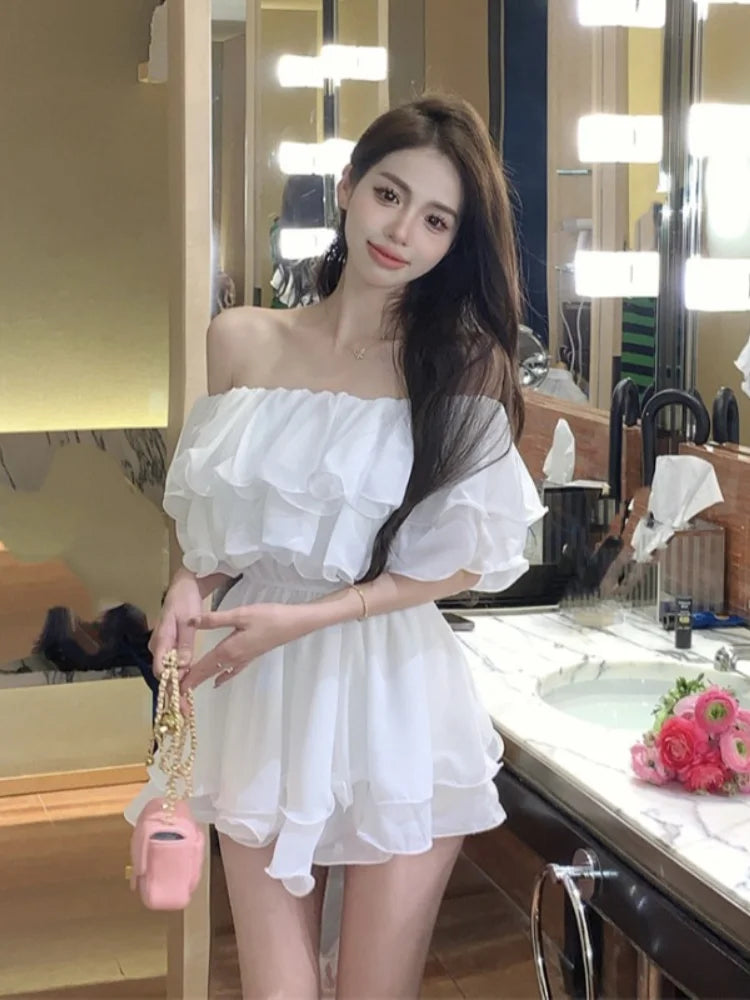 BXOXO Dresses Women Off Shoulder Slash Neck Ruffles Sexy Spring Summer Patchwork Solid Loose Elegant Mini Dress Ladies Fashion