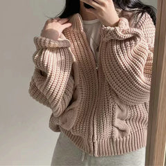 BXOXO Women Zipper Rib Loose Cardigan Coat Lantern Sleeve Knit Warm Sweater Coat Solid Casual Office Jacket Women Fall Winter