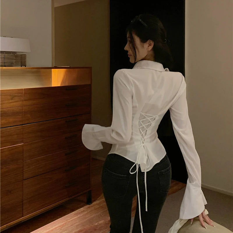 Bxoxo Fashion Women Bandage Shirts Korean All Match Streetwear Female Slim Blouse Spring Casual White Bell Sleeve Shirt New