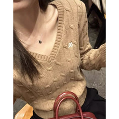 Bxoxo Korean Style V Neck Sweaters Women Preppy Style Sweet Knitted Pullover Vintage Elegant Old Money Long Sleeve Crop Tops