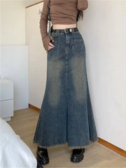 BXOXO Women Blue Denim Skirt Y2k Elegant A-Line Trumpet Skirt Harajuku Korean Vintage Fashion 90s High Waist Jean Skirts 2000s Clothes