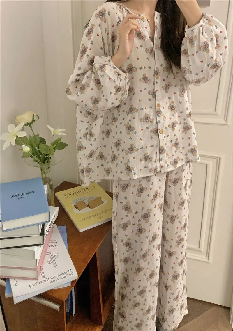 Bxoxo Women's Sweet Cute Pajamas Set Female Korean Style Home Clothing Girl Bear Foral Print Sleepwear Long Sleeve Pant Nightwear 2XL