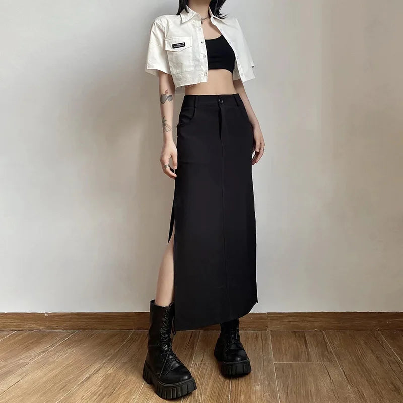 Bxoxo Goth Dark Elegant Mall Gothic Trumpet Women Midi Skirts Grunge High Waist Split Sexy Club Long Skirt Slim Party Streetwear