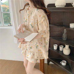 BXOXO Summer New 2 Pieces Girls Lace Lace Pyjamas Female Korean Short-Sleeved Shorts Floral Sweet Ladies Homewear Pajamas Set