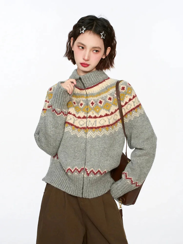 Bxoxo Vintage Harajuku Print Cardigan Sweaters Women Soft Streetwear Long Sleeve Knitted Jacket Retro American Casual Zipper Gray Tops