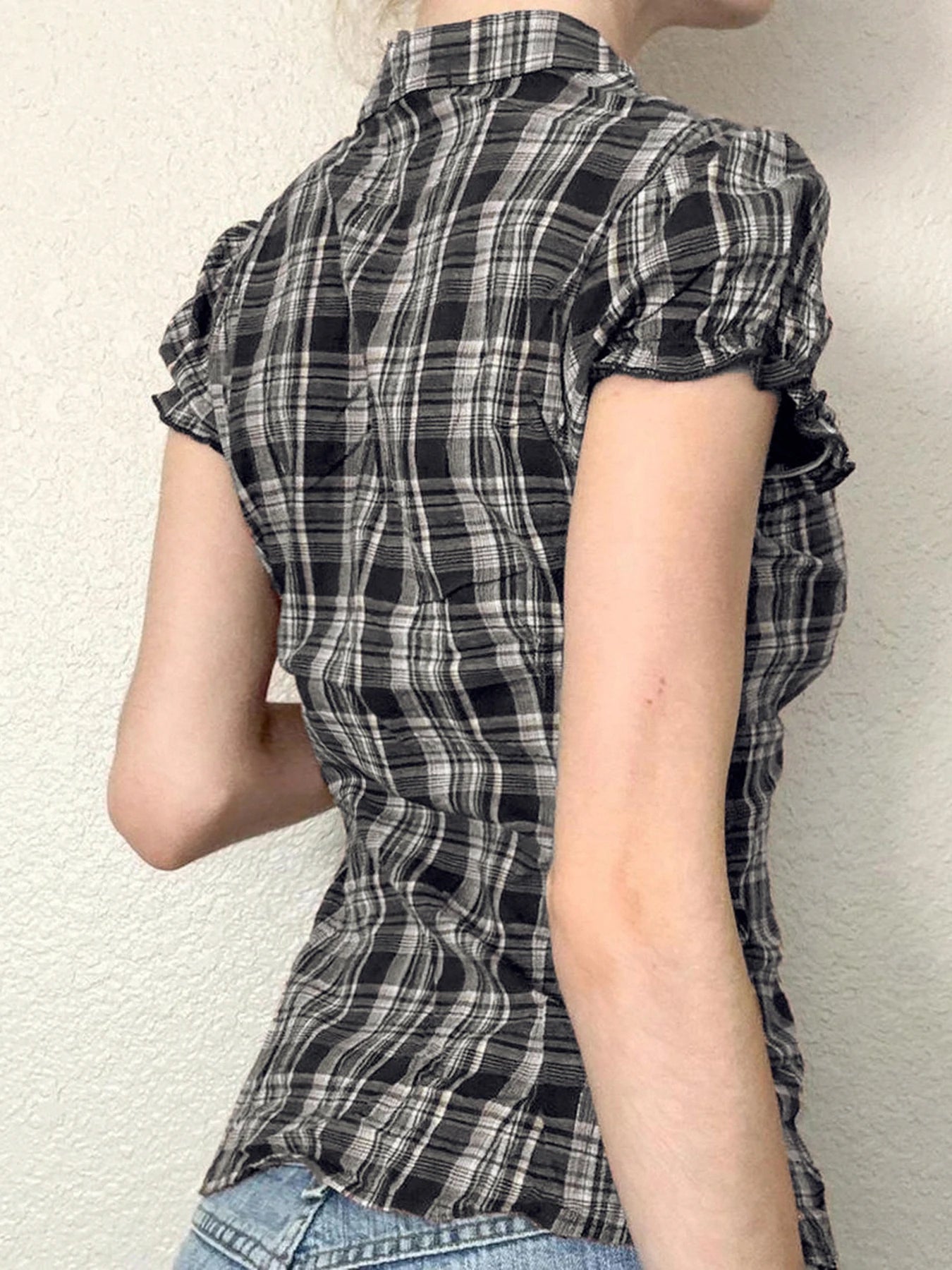 BXOXO French Chic Ruffles Elegant Women T-Shirts Simple Fashion Slim Fit All-Match Plaid V-Neck Blouses