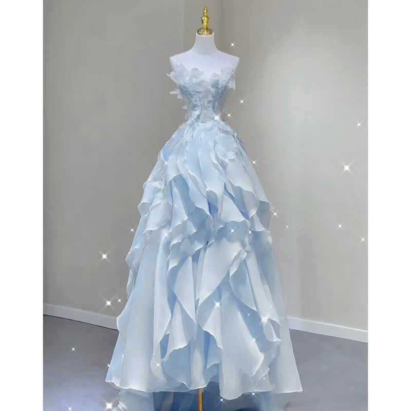 BXOXO Blue Evening Dress Women Luxury Elegant Ruffles Fairy Birthday Prom Gown Exquisite Sleeveless Bride Banquet High-end Host Dress