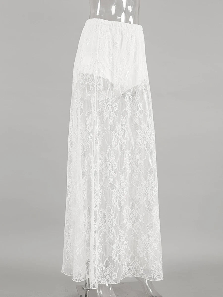 Bxoxo New Jacquard Lace Sheer Long Skirt Women Elastic Waist White Sexy Transparent Maxi Skirts Female Streetwear Fashion Faldas Jupe