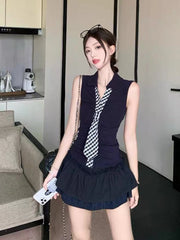 Bxoxo Plaid Tie Hot Girl Skirt Suit Summer New V Neck Patchwork Sleeveless 2 Piece Set Female High Waist Sweet Preppy A Line Skirts