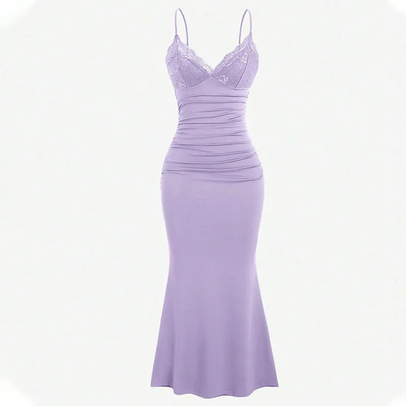 BXOXO  Spaghetti Strap Lace Sexy Maxi Dress For Women Gown Fashion V Neck Sleeveless Backless Ruched Bodycon Long Dress