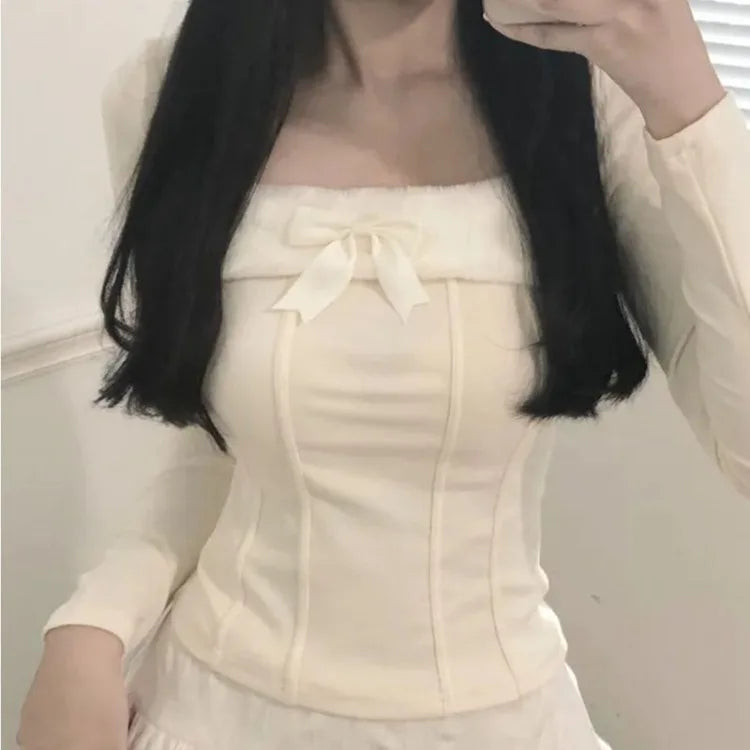 BXOXO Fashion Square Collar Bow Tops Women Spring Autumn New Thicked Warm Bottoming T-shirts Y2k Slim Fit Long Sleeve Blusas Mujer