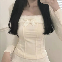 BXOXO Fashion Square Collar Bow Tops Women Spring Autumn New Thicked Warm Bottoming T-shirts Y2k Slim Fit Long Sleeve Blusas Mujer