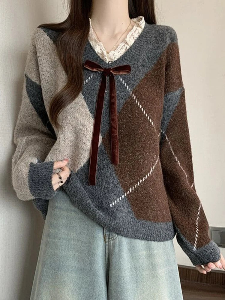 Bxoxo Sweet Bow Argyle Sweaters Women Retro Preppy Style Loose Knitted Pullover Lace Patchwork Long Sleeve Female Vintage Jumpers Fall