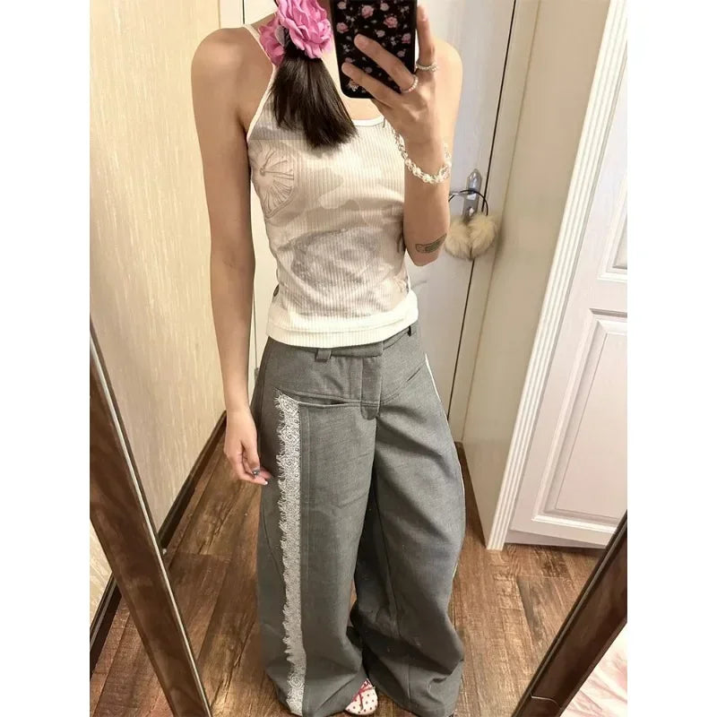 Bxoxo Y2k Gray Lace Women Suit Pants Vintage Harajuku Patchwork Wide Leg Korean Fashion Baggy Trousers Elegant Casual Sweet