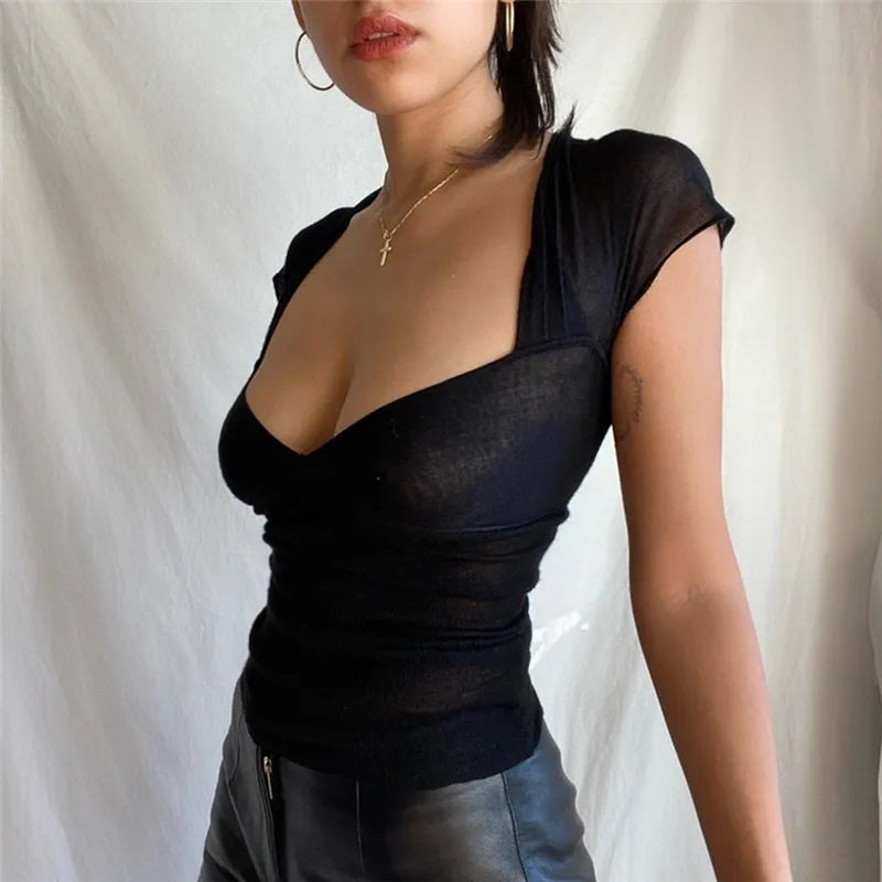 BXOXO Sexy Square-neck Backless Black T-shirt Y2K Aesthetic Mesh Sheer Hollow Out Crop Top Summer Streetwear Short Sleeve Tees