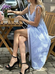 BXOXO Chic Sexy Single Breasted Plaid Blue Summer Women Dress Spaghetti Strap Midi Casual Female Vestidos Cotton Slip Dress New