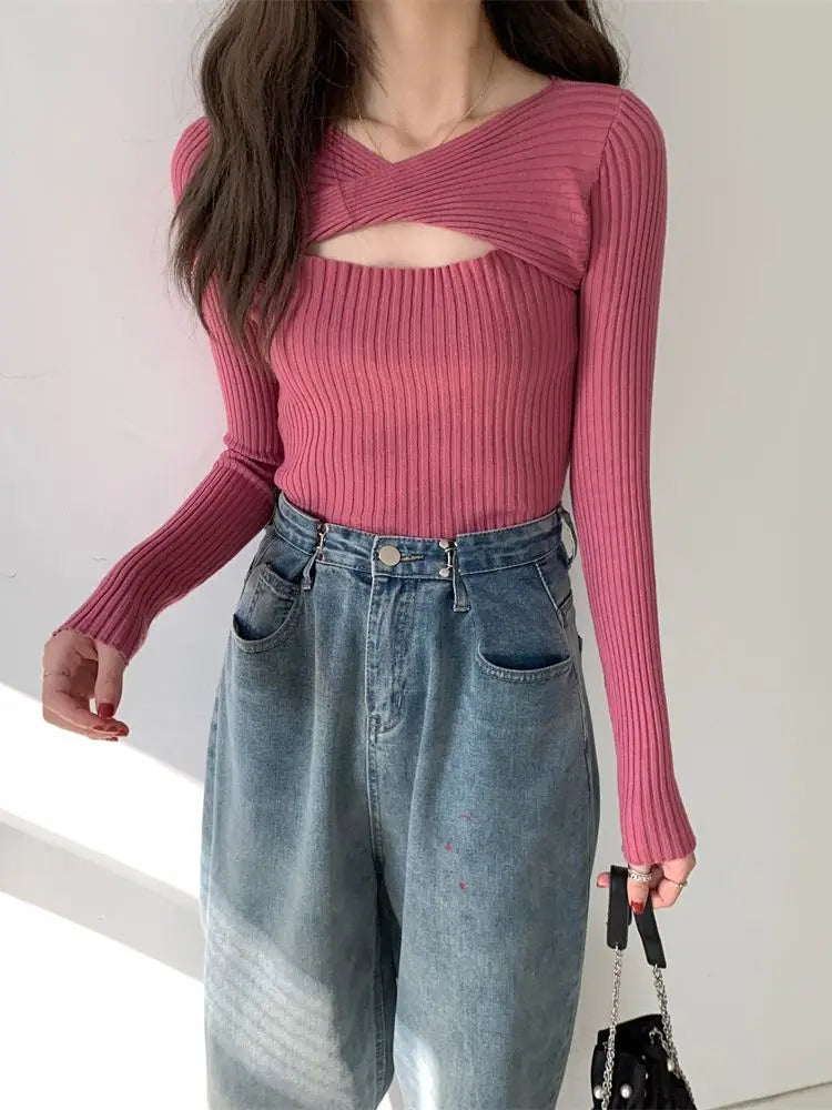 BXOXO Women Sweater Chic Cashmere Pullovers Women Long-sleeved Knitted Streetwear Jumpers Solid Sweater 2024 Autumn Winter