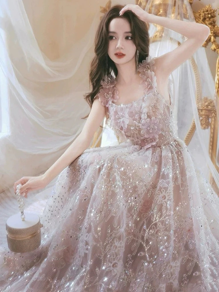 BXOXO Luxury Flower Bridesmaid Dresses Pink Spaghetti Strap Square Collar Beading Bling Bling Fairy Sequins Lace Formal Evening Gowns