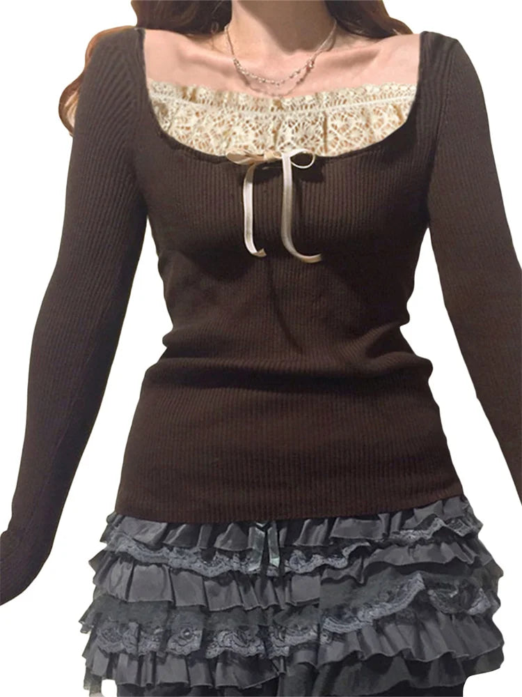 Bxoxo Y2k Women's Long Sleeve Knitted Tops Lace Stitching Neckline Knitwear Bowknot Decoration Slim-Fit Tshirt Pullovers Clubwear