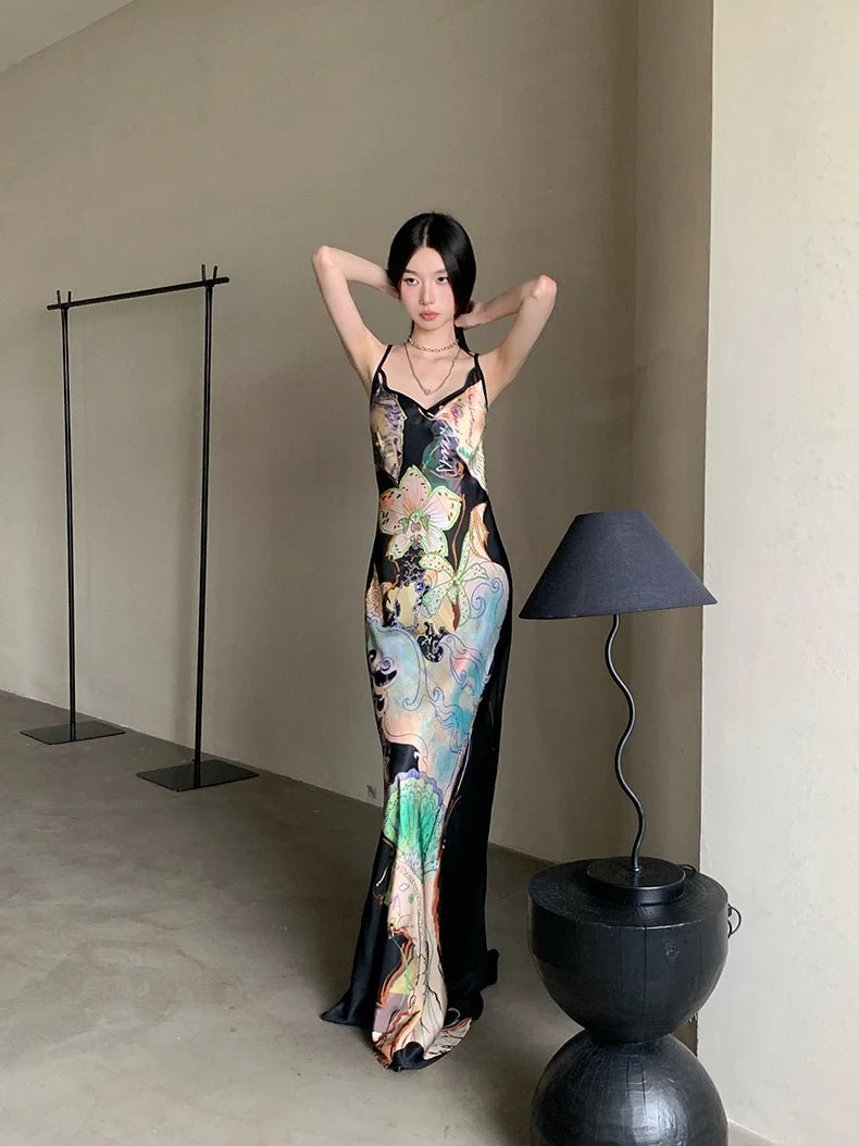 Bxoxo Ocean Flowers Backless Long Mermaid Dress For Woman Summer 2025 V Neck Midi Slip Dress Evening Party Clothes