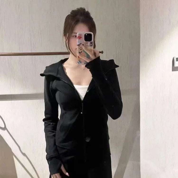 BXOXO 2025 Autumn New Cardigan Coat Women Y2k Slim Fit Black Hooded Sweatshirt Fashion All-match Long Sleeve Zipper Tops Mujer Jacket