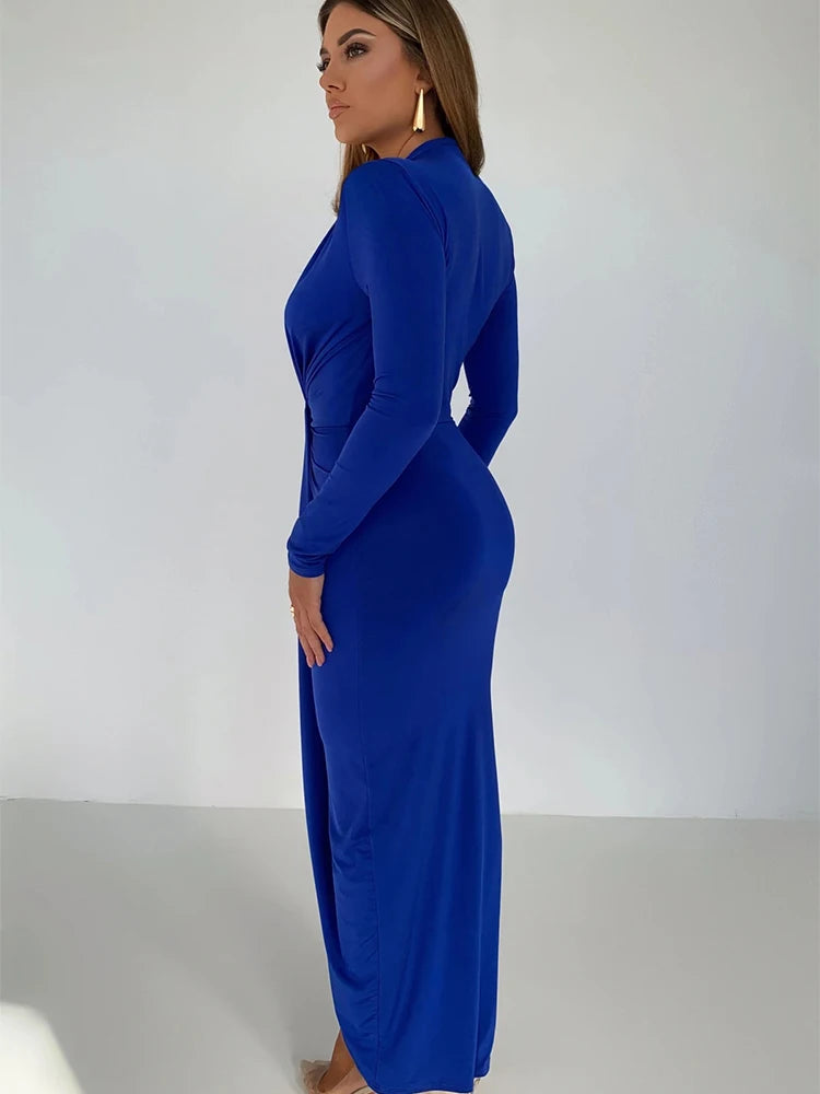 BXOXO  Side Split Pleated Evening Dress Women Sexy Slim High Waist Elegant Party Robe Bodycon Deep V Neck Bandage Ladies Dress