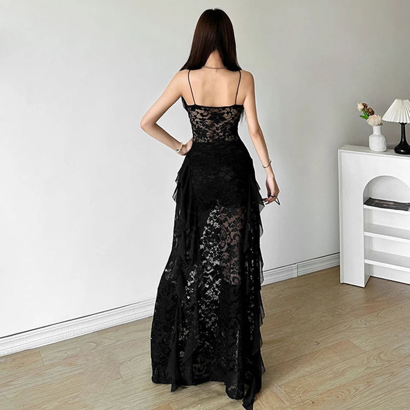 Bxoxo Gothic Lace Camis Dress for Women Summer Sexy Hollow Out Patchwork Split Midi Dress Y2K Streetwear Slim Irregular Party Vestidos